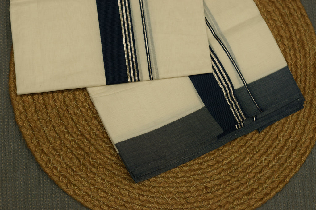 Men's Traditional Kerala Kodi Double Mundu – Off White with Navy Blue & Silver Kasavu Border | Premium Cotton Dhoti