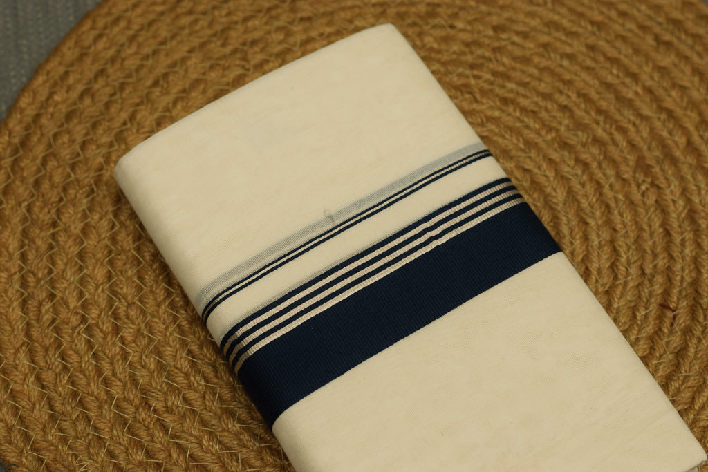 Men's Traditional Kerala Kodi Double Mundu – Off White with Navy Blue & Silver Kasavu Border | Premium Cotton Dhoti