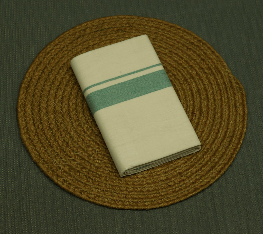 Traditional Kodi Double Mundu – Off White Cotton Dhoti with Light Sea Green Border | Kerala Ethnic Wear for Men