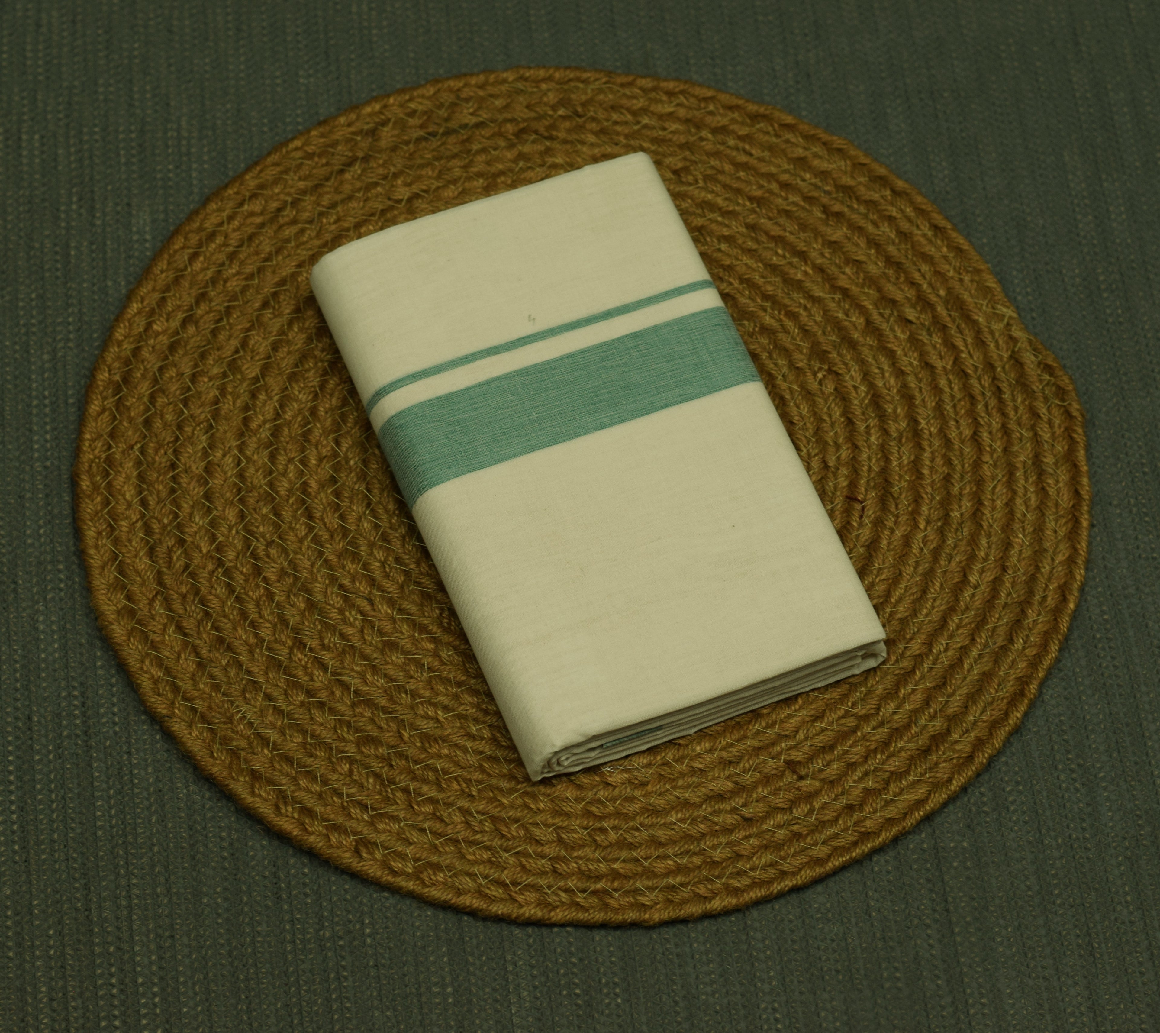 Traditional Kodi Double Mundu – Off White Cotton Dhoti with Light Sea Green Border | Kerala Ethnic Wear for Men