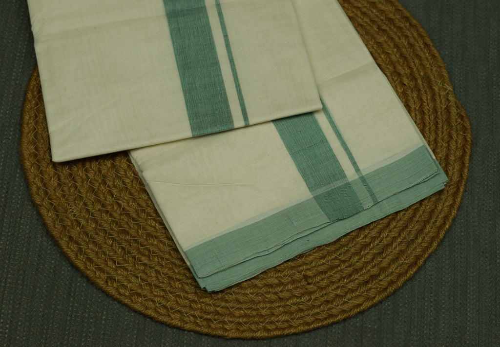 Traditional Kodi Double Mundu – Off White Cotton Dhoti with Light Sea Green Border | Kerala Ethnic Wear for Men