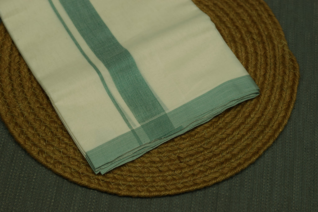 Traditional Kodi Double Mundu – Off White Cotton Dhoti with Light Sea Green Border | Kerala Ethnic Wear for Men