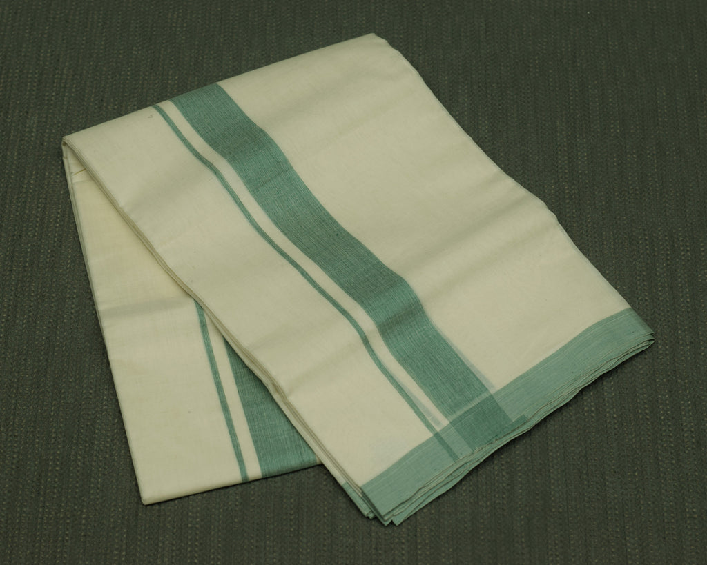 Traditional Kodi Double Mundu – Off White Cotton Dhoti with Light Sea Green Border | Kerala Ethnic Wear for Men