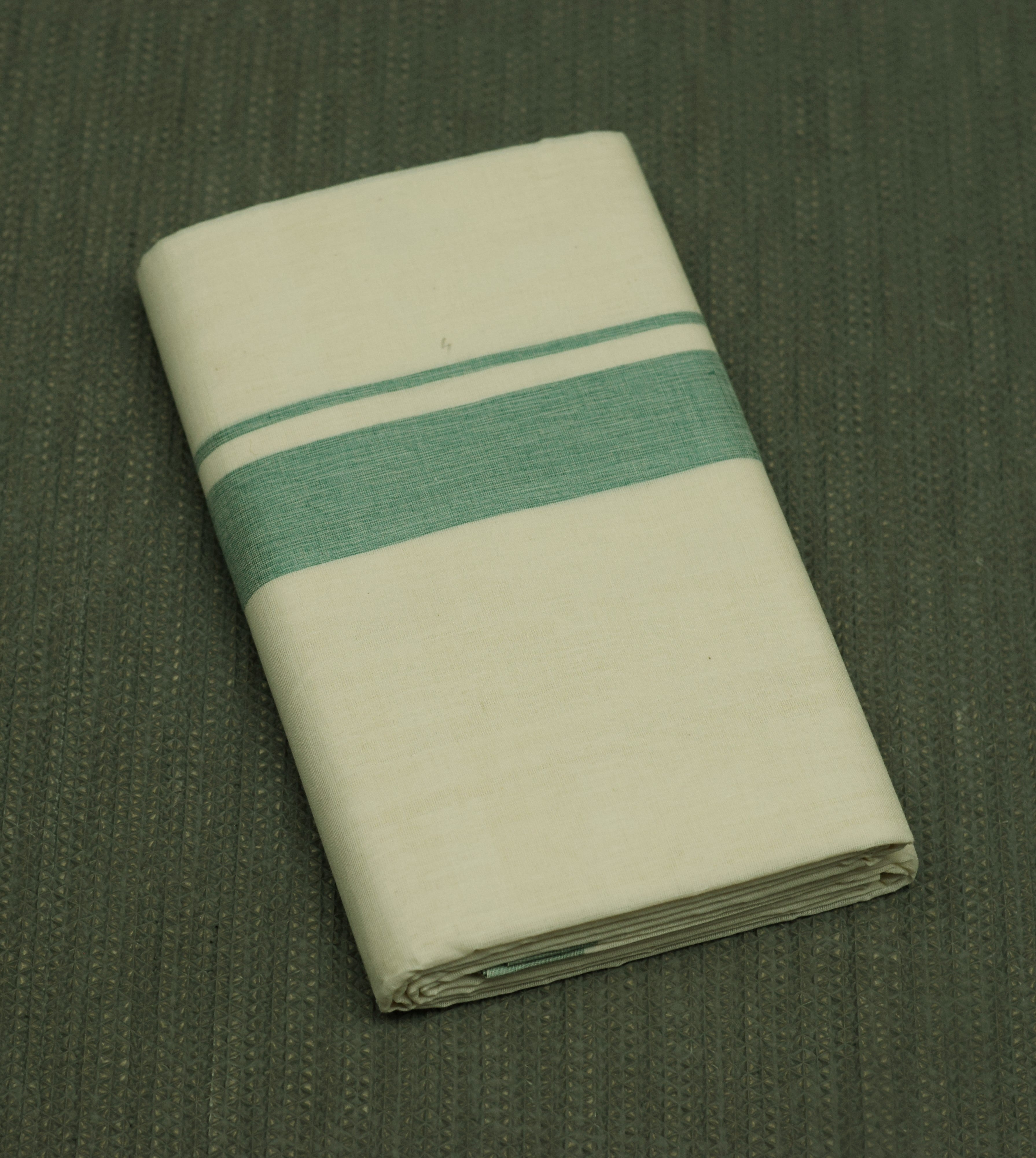 Traditional Kodi Double Mundu – Off White Cotton Dhoti with Light Sea Green Border | Kerala Ethnic Wear for Men