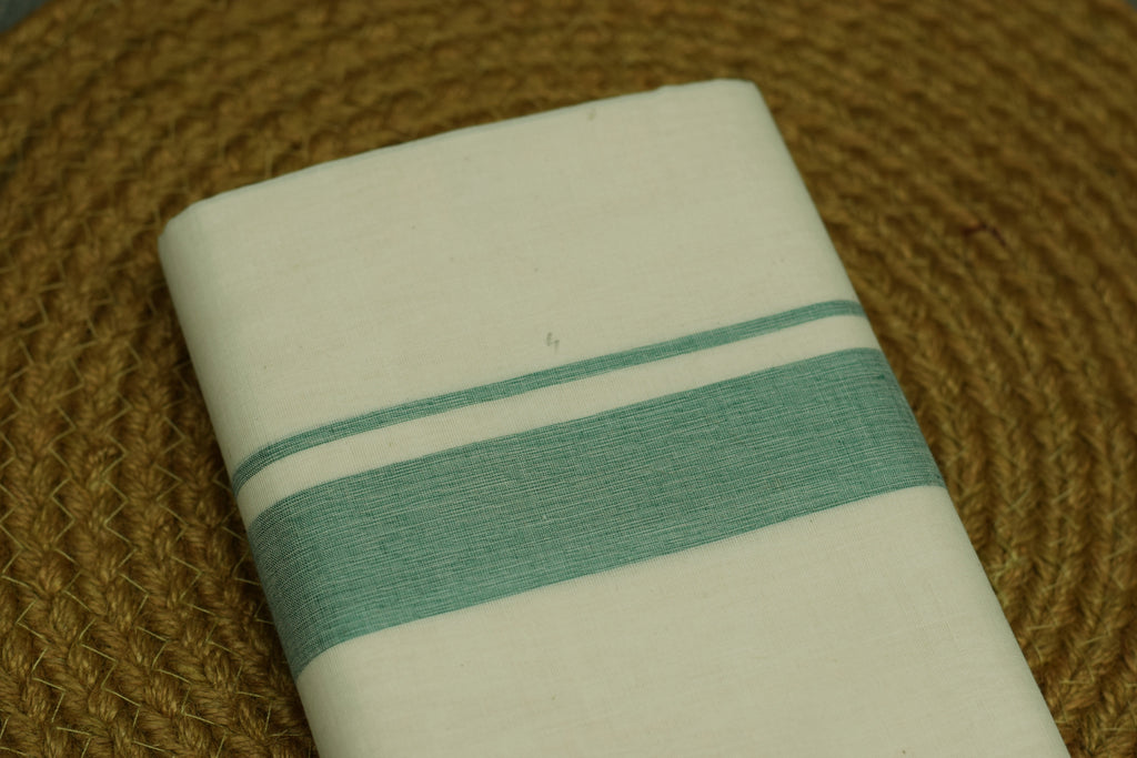 Traditional Kodi Double Mundu – Off White Cotton Dhoti with Light Sea Green Border | Kerala Ethnic Wear for Men