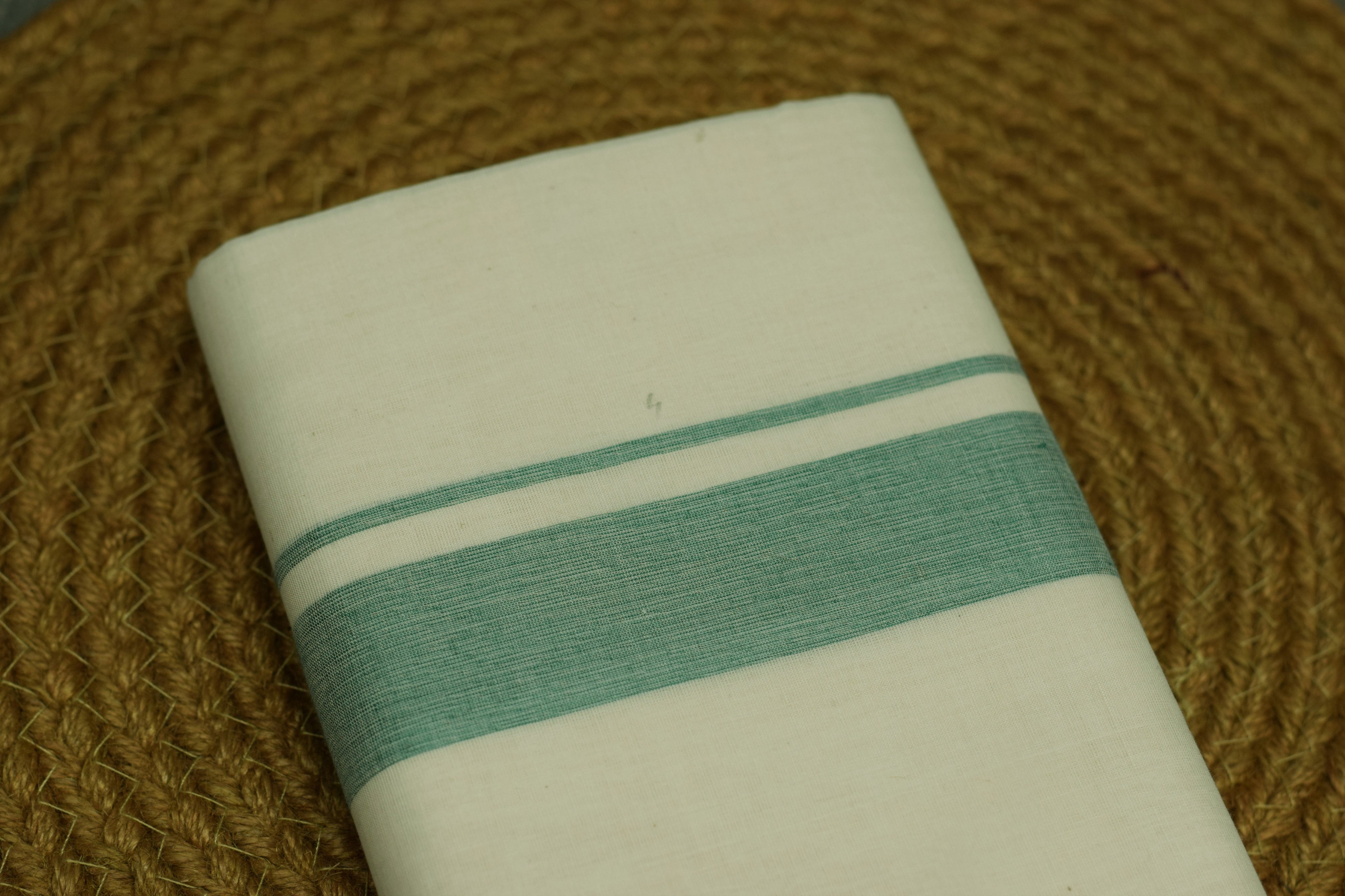 Traditional Kodi Double Mundu – Off White Cotton Dhoti with Light Sea Green Border | Kerala Ethnic Wear for Men