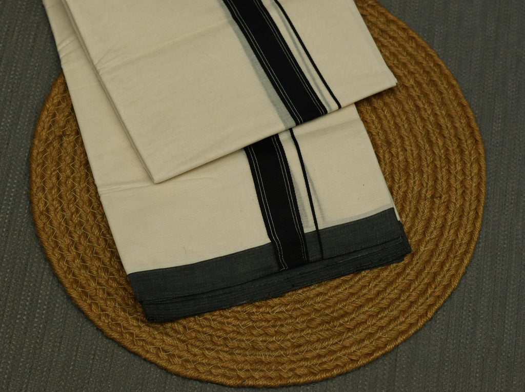 Traditional Kodi Color Double Mundu with Black Kara Border | Kerala Men's Cotton Dhoti | Premium Ethnic Wear