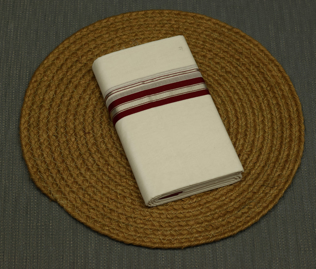 Kodi Color Double Mundu – Off White with Maroon & Silver Border | Traditional Kerala Dhoti for Men