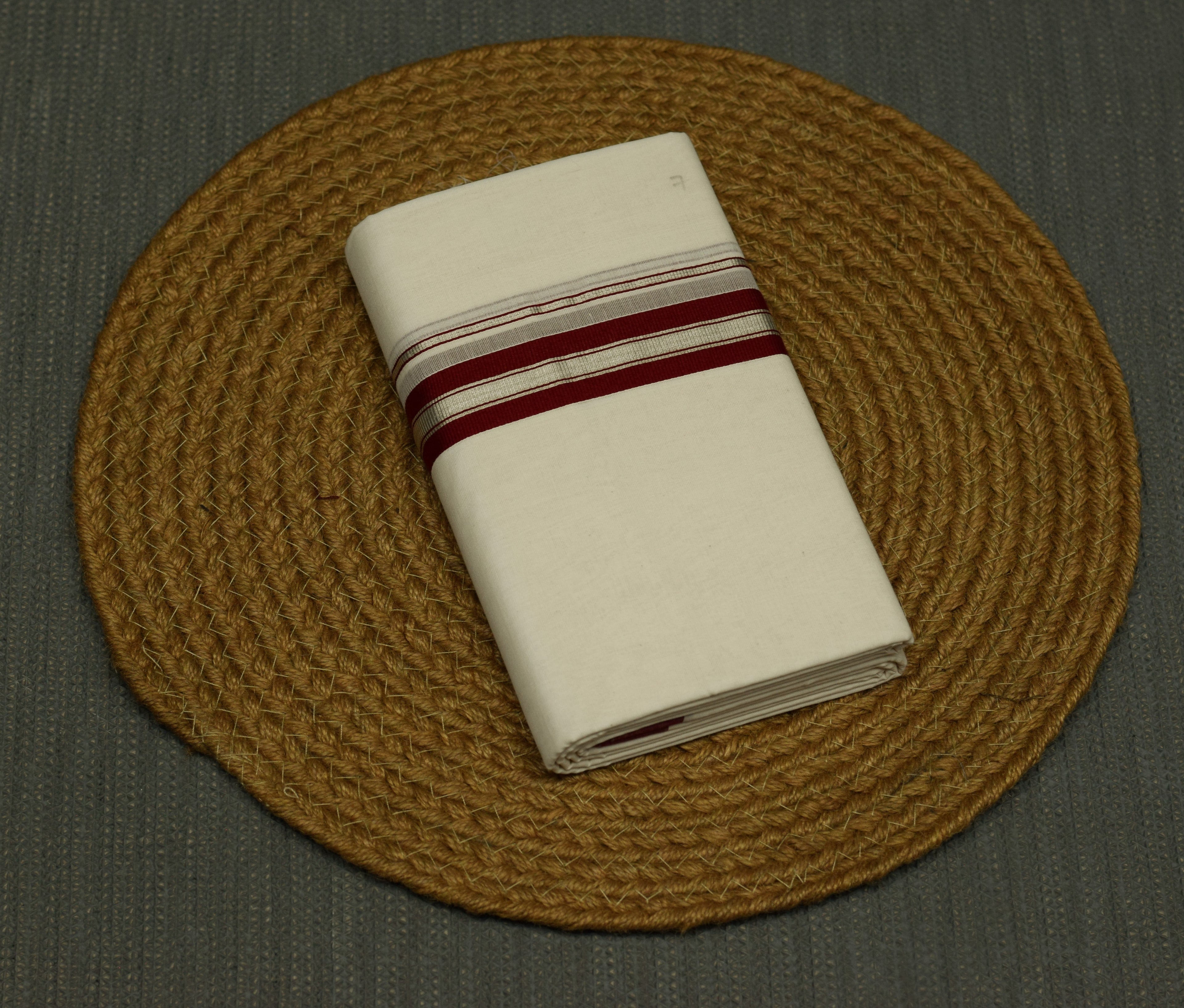 Kodi Color Double Mundu – Off White with Maroon & Silver Border | Traditional Kerala Dhoti for Men