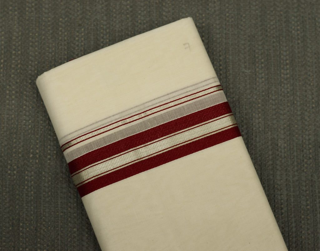 Kodi Color Double Mundu – Off White with Maroon & Silver Border | Traditional Kerala Dhoti for Men