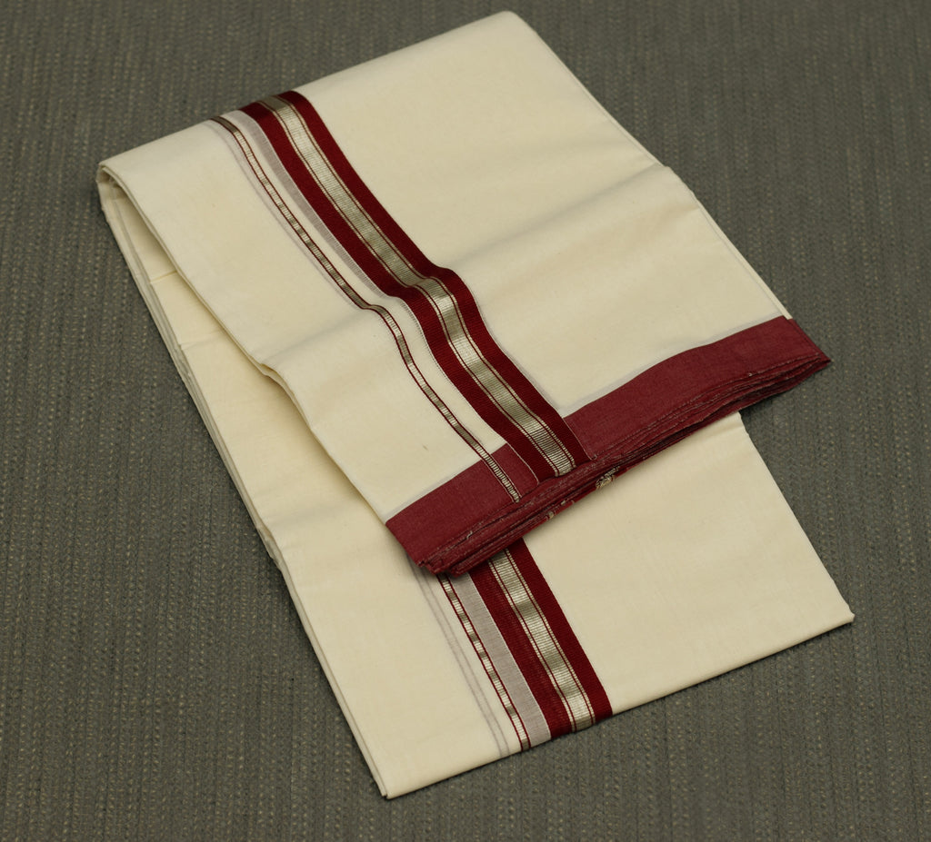 Kodi Color Double Mundu – Off White with Maroon & Silver Border | Traditional Kerala Dhoti for Men