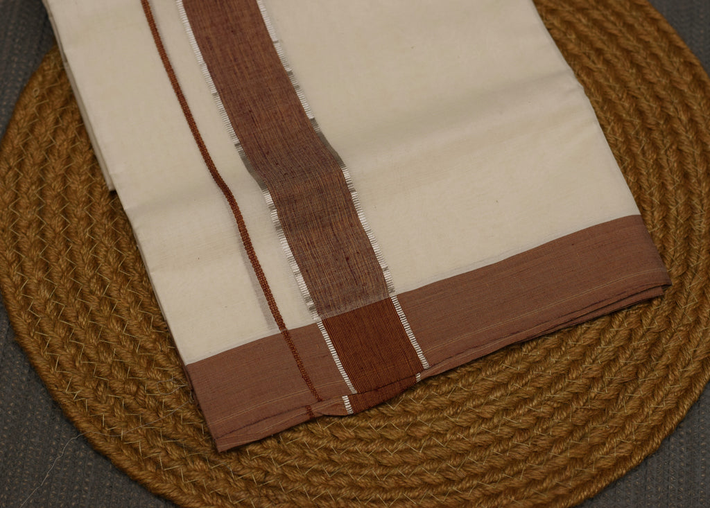 Kodi Color Double Mundu with Silver Kasavu Border | Traditional Kerala Men's Dhoti | Premium Cotton Mundu