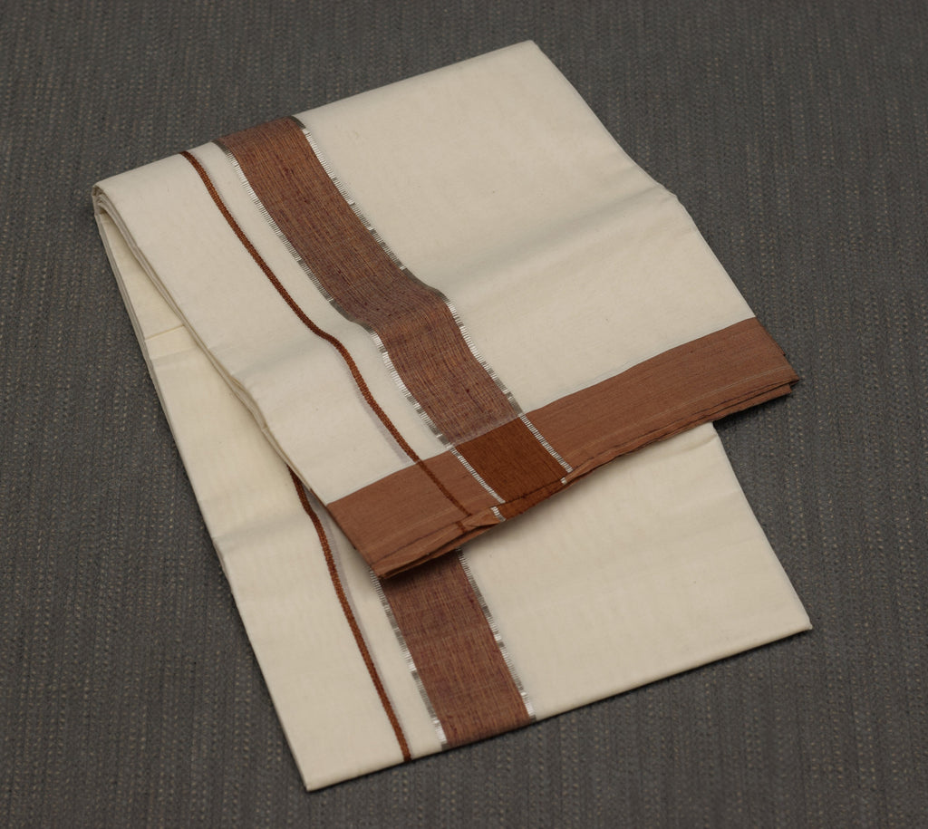 Kodi Color Double Mundu with Silver Kasavu Border | Traditional Kerala Men's Dhoti | Premium Cotton Mundu