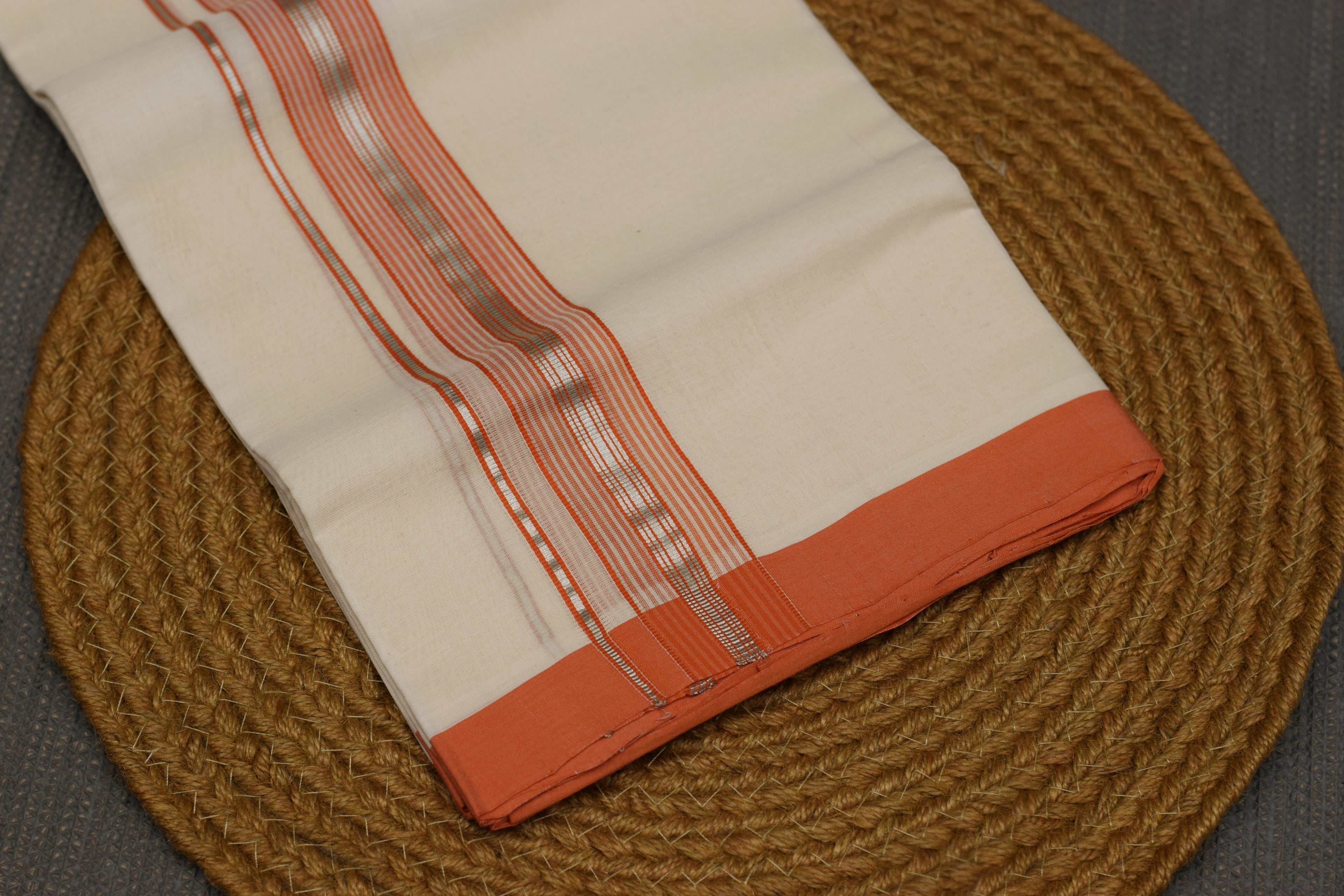 Kodi Color Double Mundu for Men – Off White with Peach Border & Silver Kasavu | Traditional Kerala Dhoti