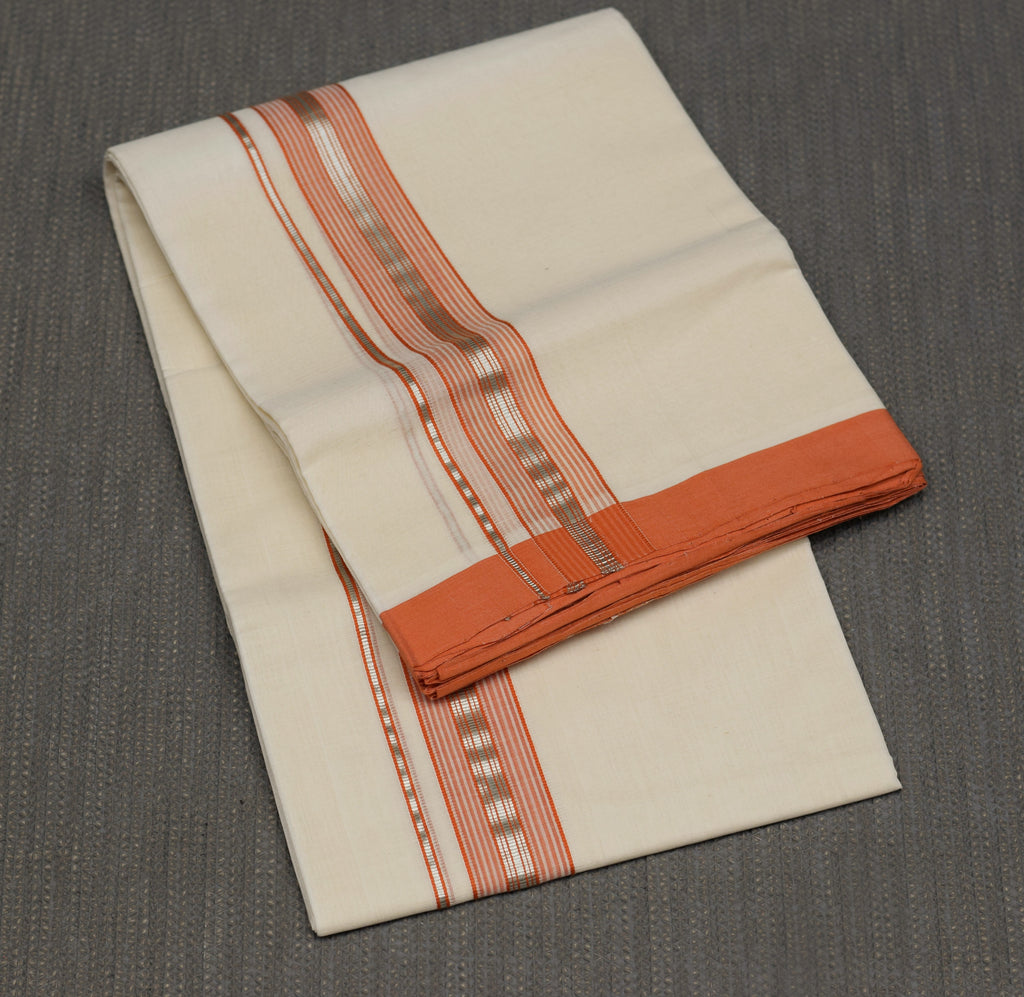 Kodi Color Double Mundu for Men – Off White with Peach Border & Silver Kasavu | Traditional Kerala Dhoti