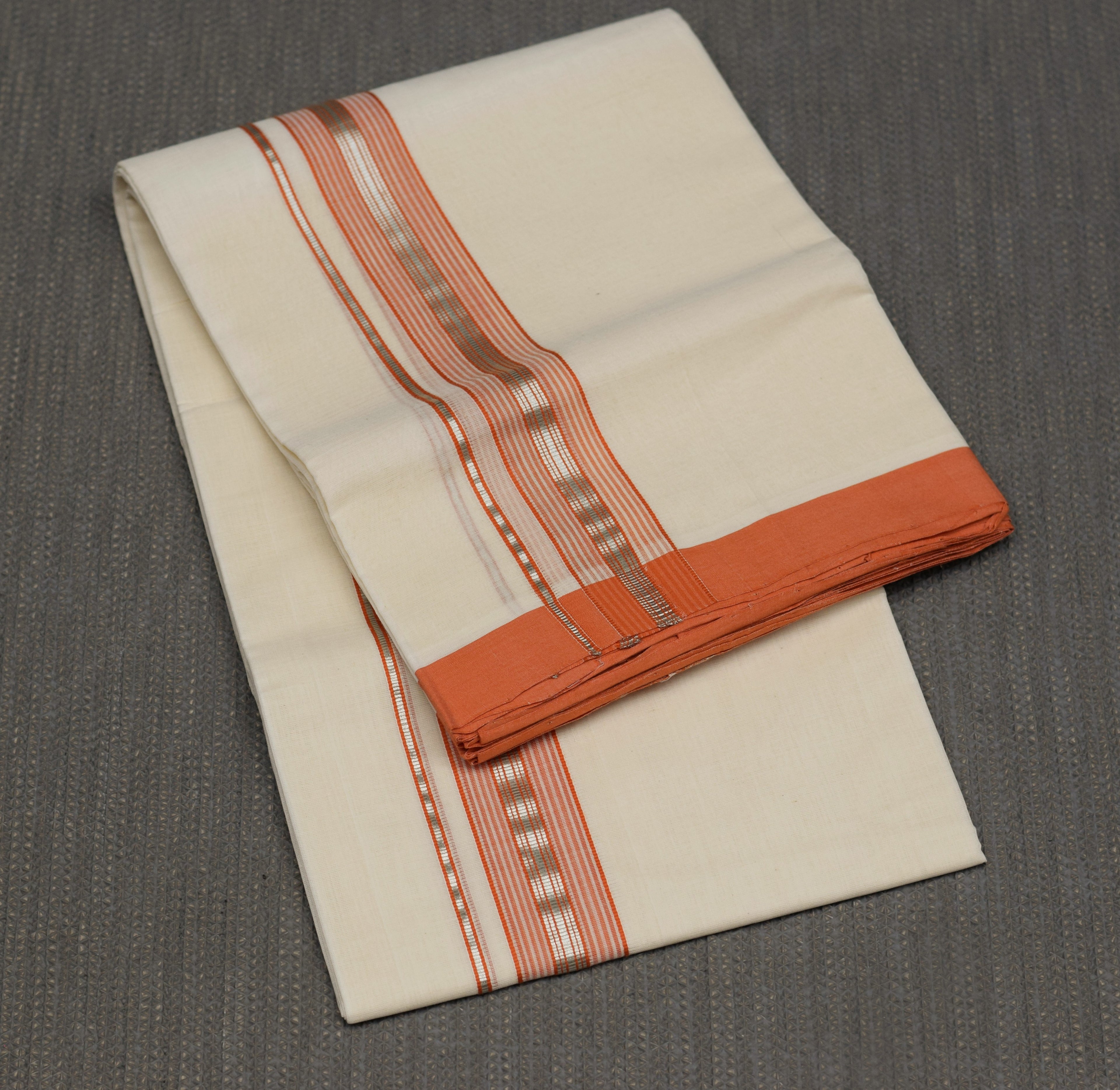 Kodi Color Double Mundu for Men – Off White with Peach Border & Silver Kasavu | Traditional Kerala Dhoti