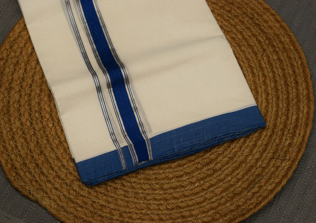 Kodi Color Double Mundu for Men – Traditional Kerala Cotton Dhoti with Royal Blue Border | Premium Double Mundu
