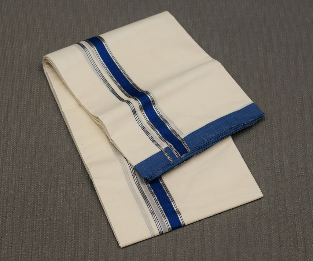 Kodi Color Double Mundu for Men – Traditional Kerala Cotton Dhoti with Royal Blue Border | Premium Double Mundu