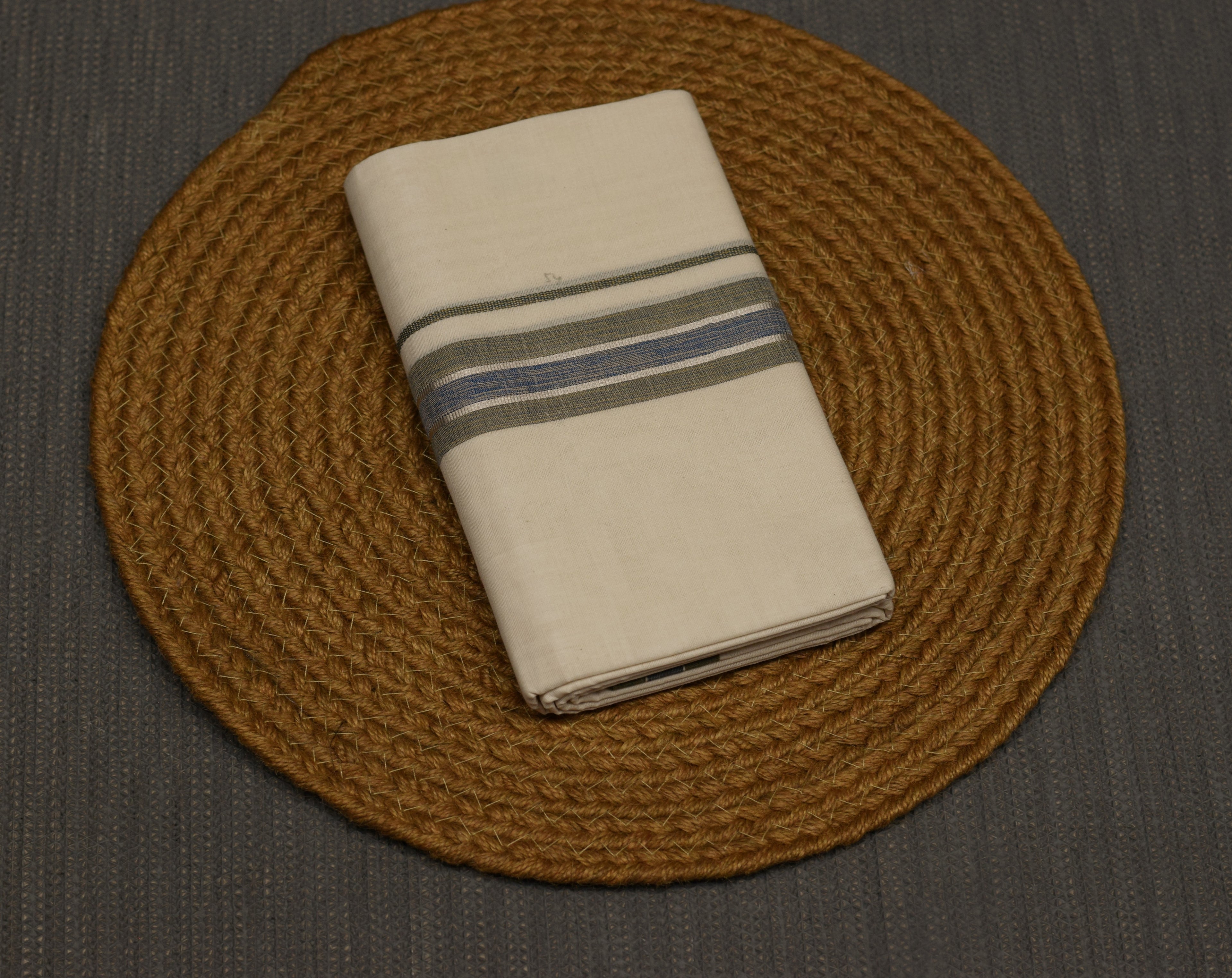 Premium Kodi Color Double Mundu – Cream with Olive Green & Blue Border Silver kasavu | Traditional Kerala Men's Dhoti