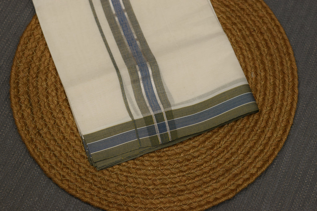 Premium Kodi Color Double Mundu – Cream with Olive Green & Blue Border Silver kasavu | Traditional Kerala Men's Dhoti