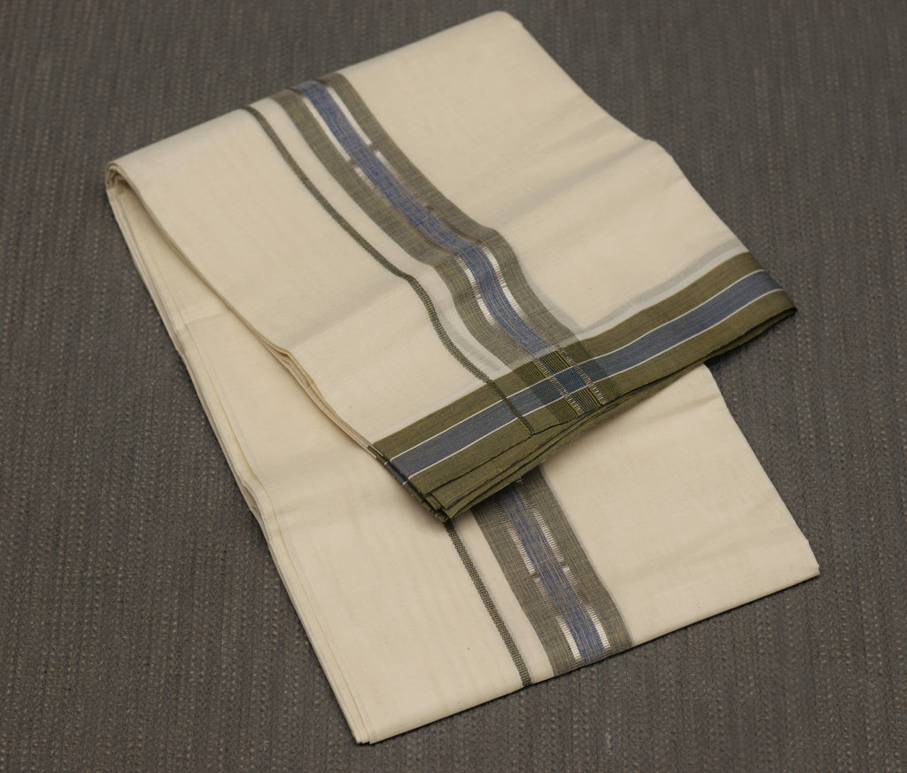 Premium Kodi Color Double Mundu – Cream with Olive Green & Blue Border Silver kasavu | Traditional Kerala Men's Dhoti