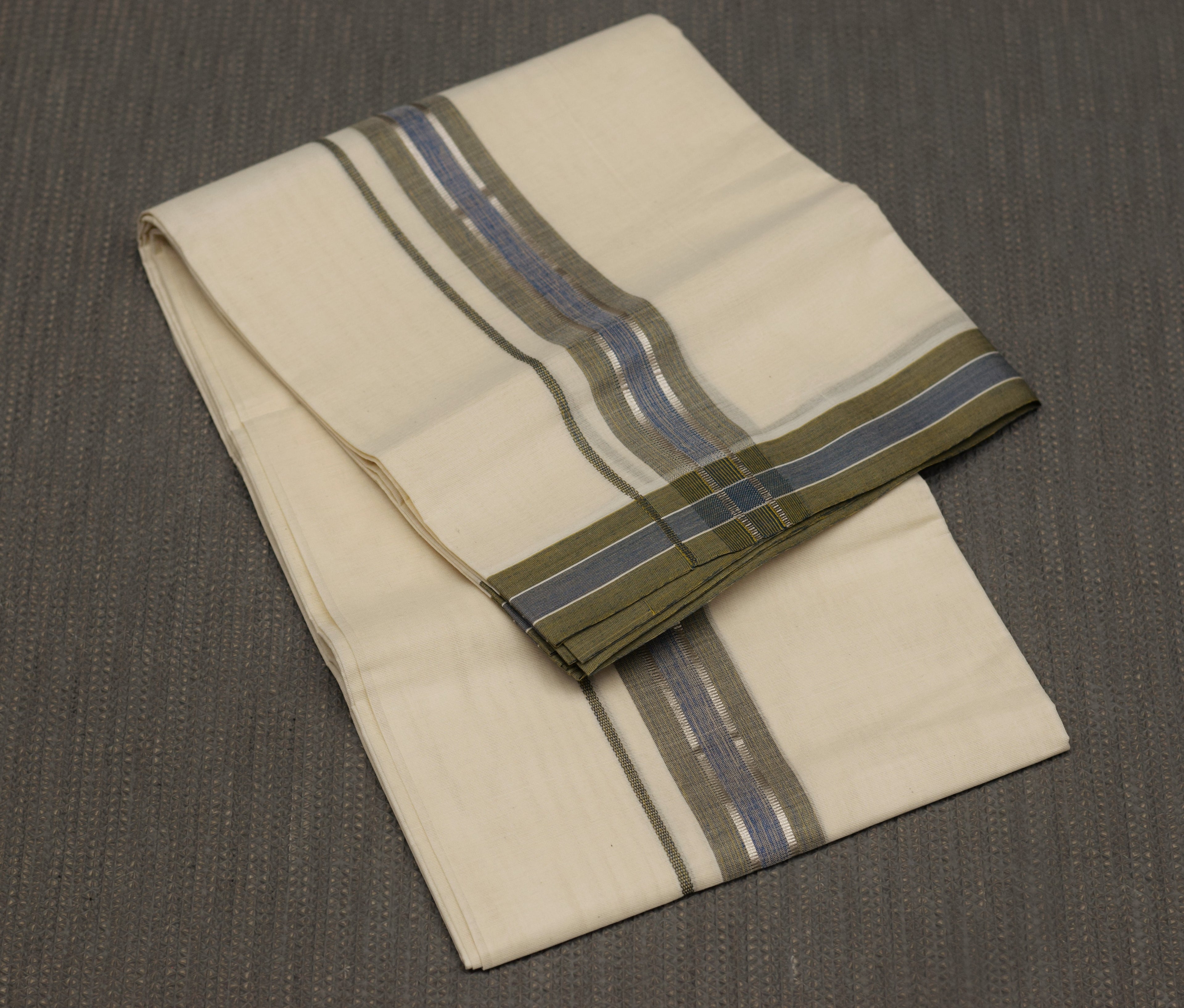 Premium Kodi Color Double Mundu – Cream with Olive Green & Blue Border Silver kasavu | Traditional Kerala Men's Dhoti