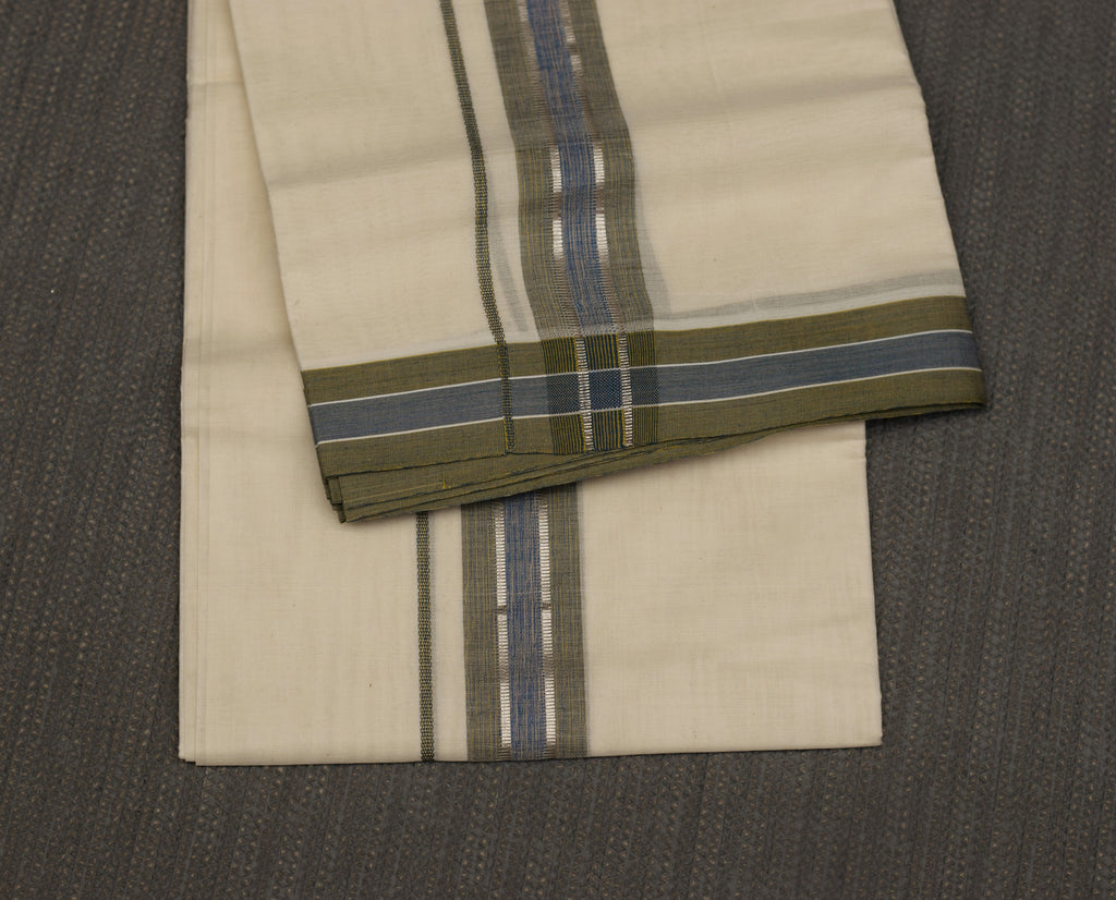 Premium Kodi Color Double Mundu – Cream with Olive Green & Blue Border Silver kasavu | Traditional Kerala Men's Dhoti