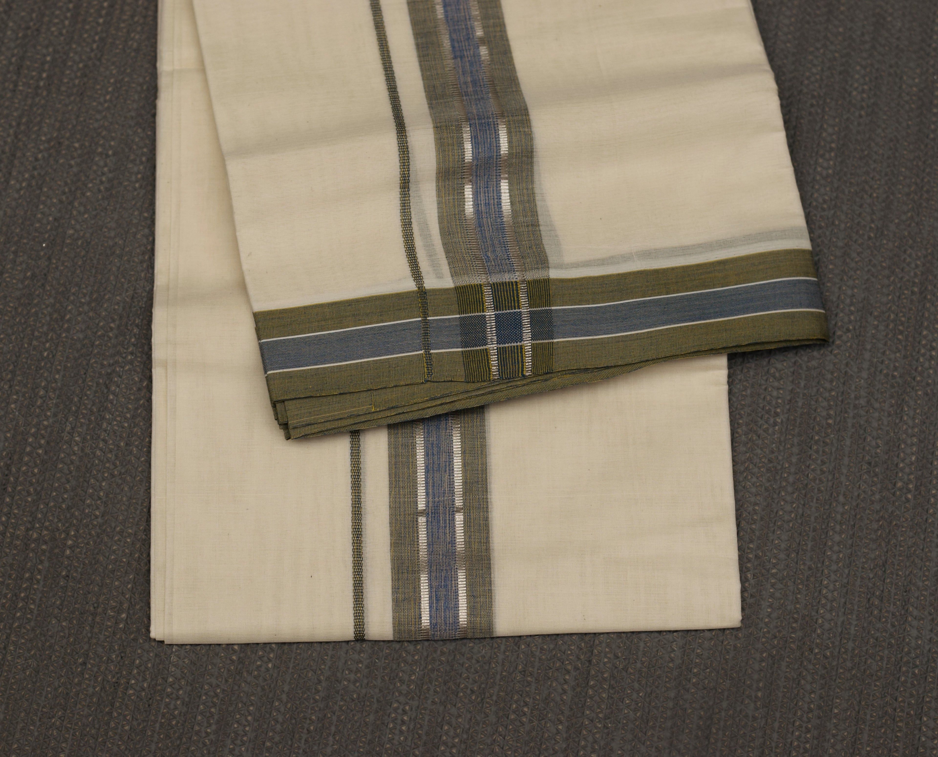 Premium Kodi Color Double Mundu – Cream with Olive Green & Blue Border Silver kasavu | Traditional Kerala Men's Dhoti