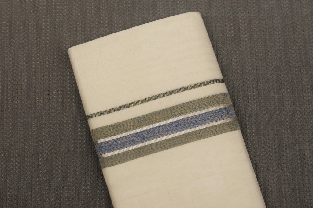 Premium Kodi Color Double Mundu – Cream with Olive Green & Blue Border Silver kasavu | Traditional Kerala Men's Dhoti