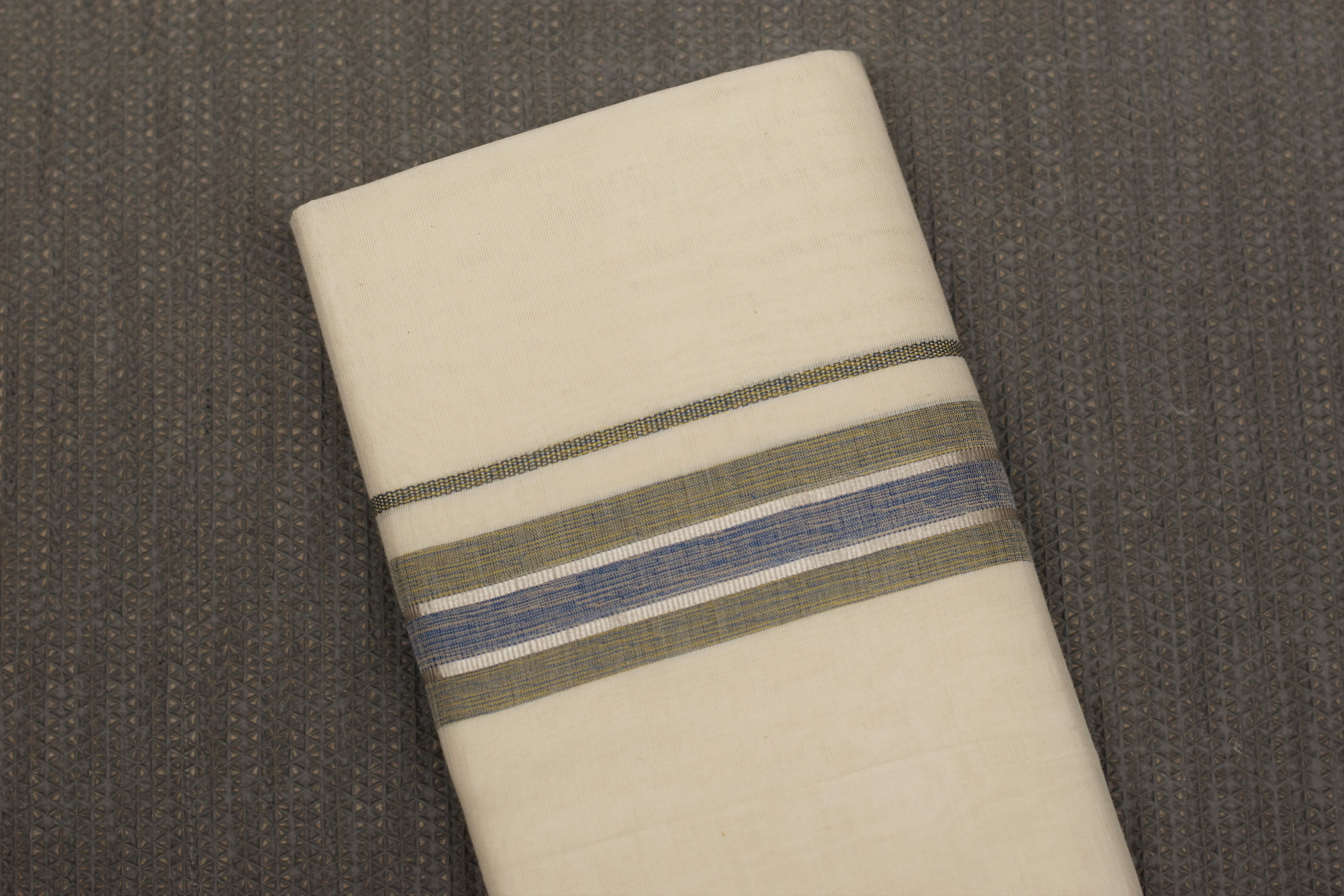 Premium Kodi Color Double Mundu – Cream with Olive Green & Blue Border Silver kasavu | Traditional Kerala Men's Dhoti