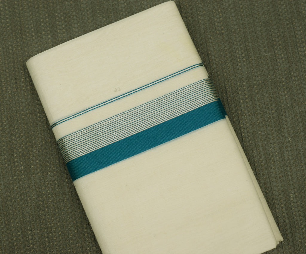 Premium Kodi Color Double Mundu for Men –Off White Cotton Traditional Dhoti with Teal Blue & Silver Kasavu Border | Kerala Ethnic Wear