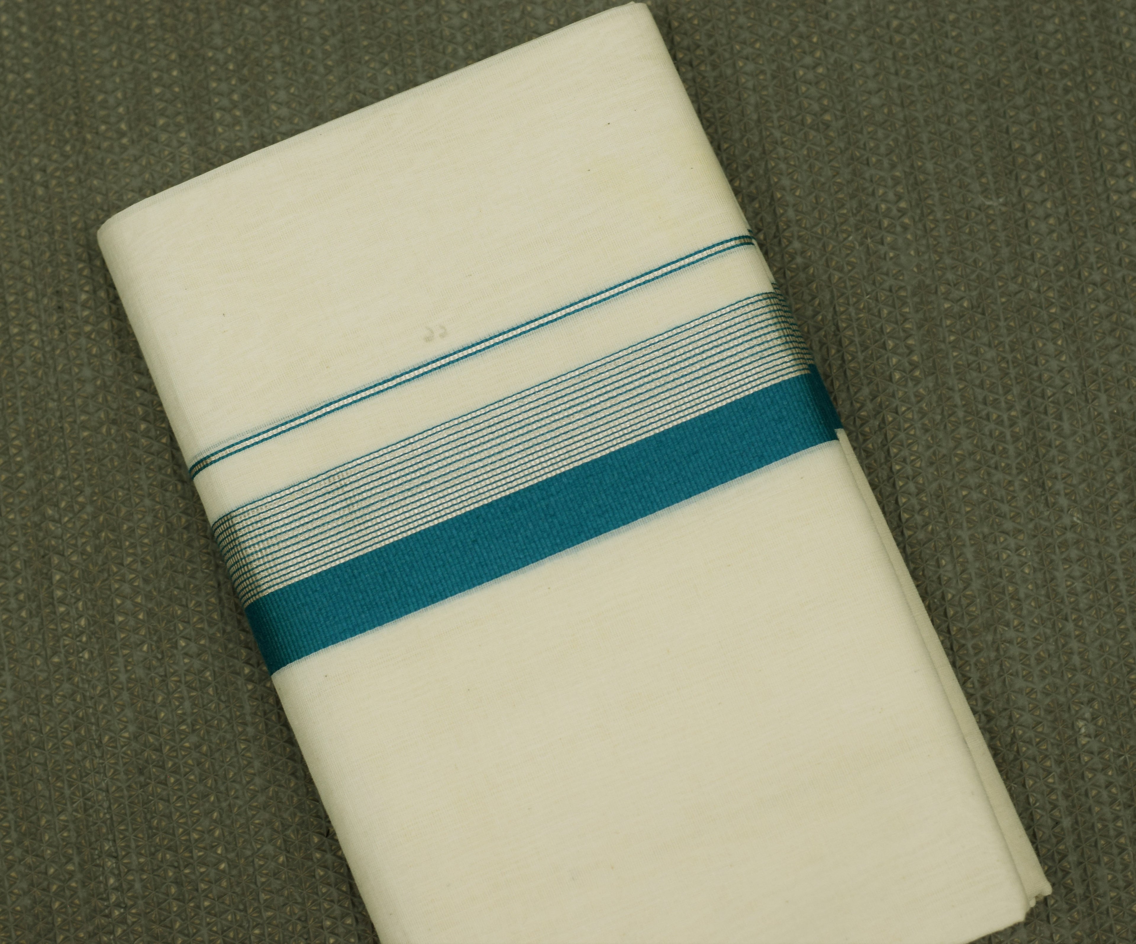 Premium Kodi Color Double Mundu for Men –Off White Cotton Traditional Dhoti with Teal Blue & Silver Kasavu Border | Kerala Ethnic Wear