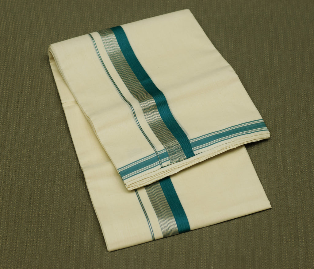 Premium Kodi Color Double Mundu for Men –Off White Cotton Traditional Dhoti with Teal Blue & Silver Kasavu Border | Kerala Ethnic Wear