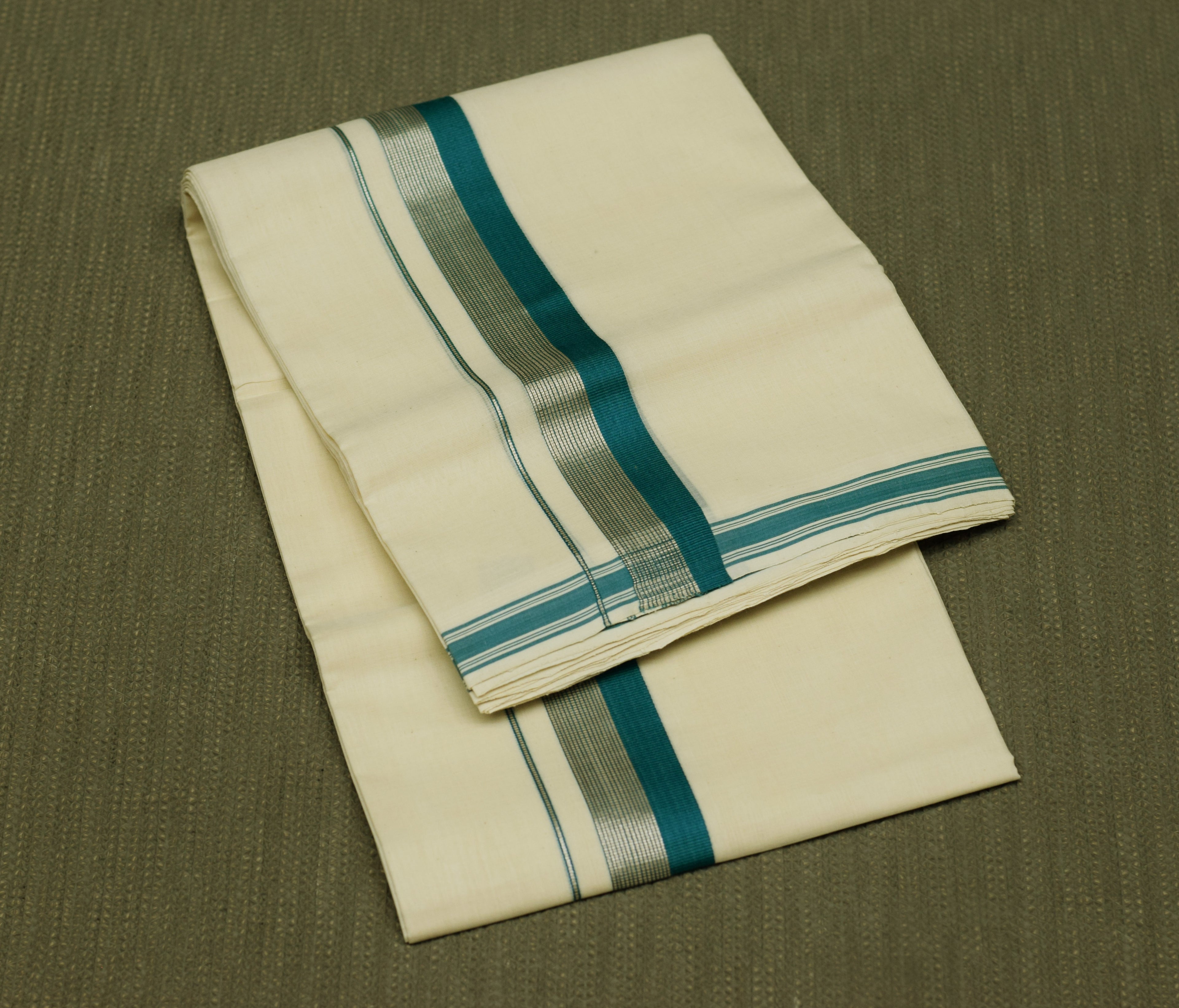 Premium Kodi Color Double Mundu for Men –Off White Cotton Traditional Dhoti with Teal Blue & Silver Kasavu Border | Kerala Ethnic Wear