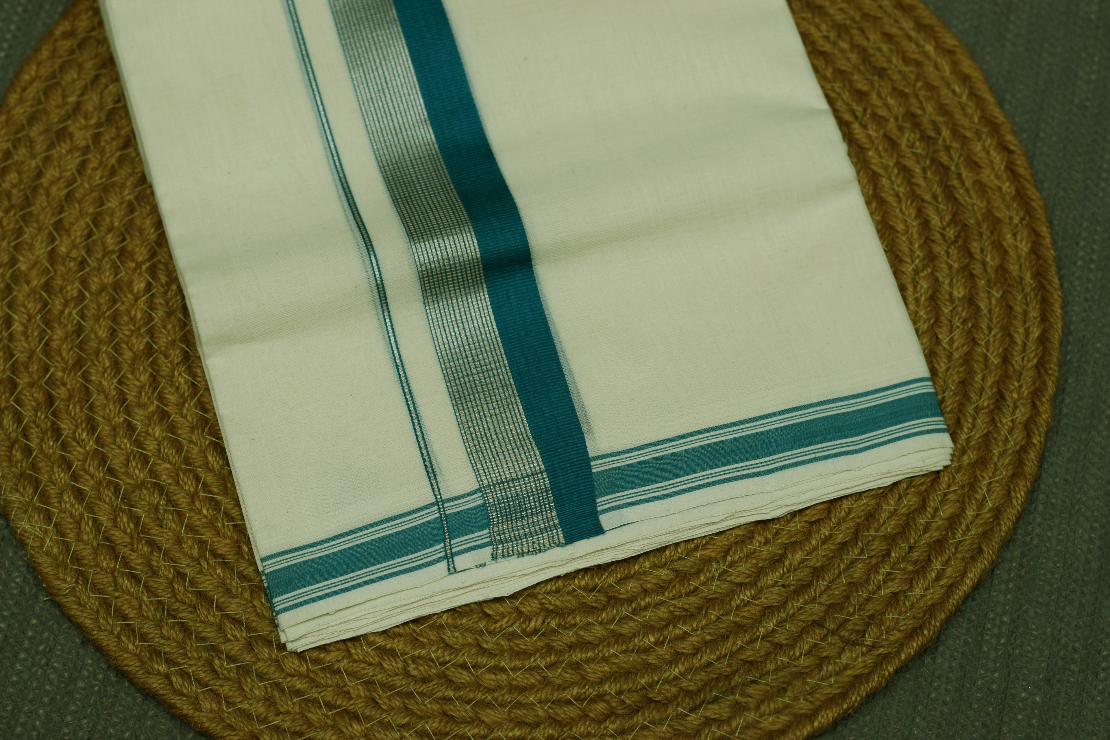Premium Kodi Color Double Mundu for Men –Off White Cotton Traditional Dhoti with Teal Blue & Silver Kasavu Border | Kerala Ethnic Wear