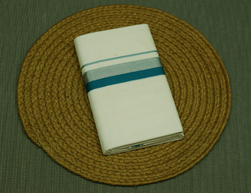 Premium Kodi Color Double Mundu for Men –Off White Cotton Traditional Dhoti with Teal Blue & Silver Kasavu Border | Kerala Ethnic Wear