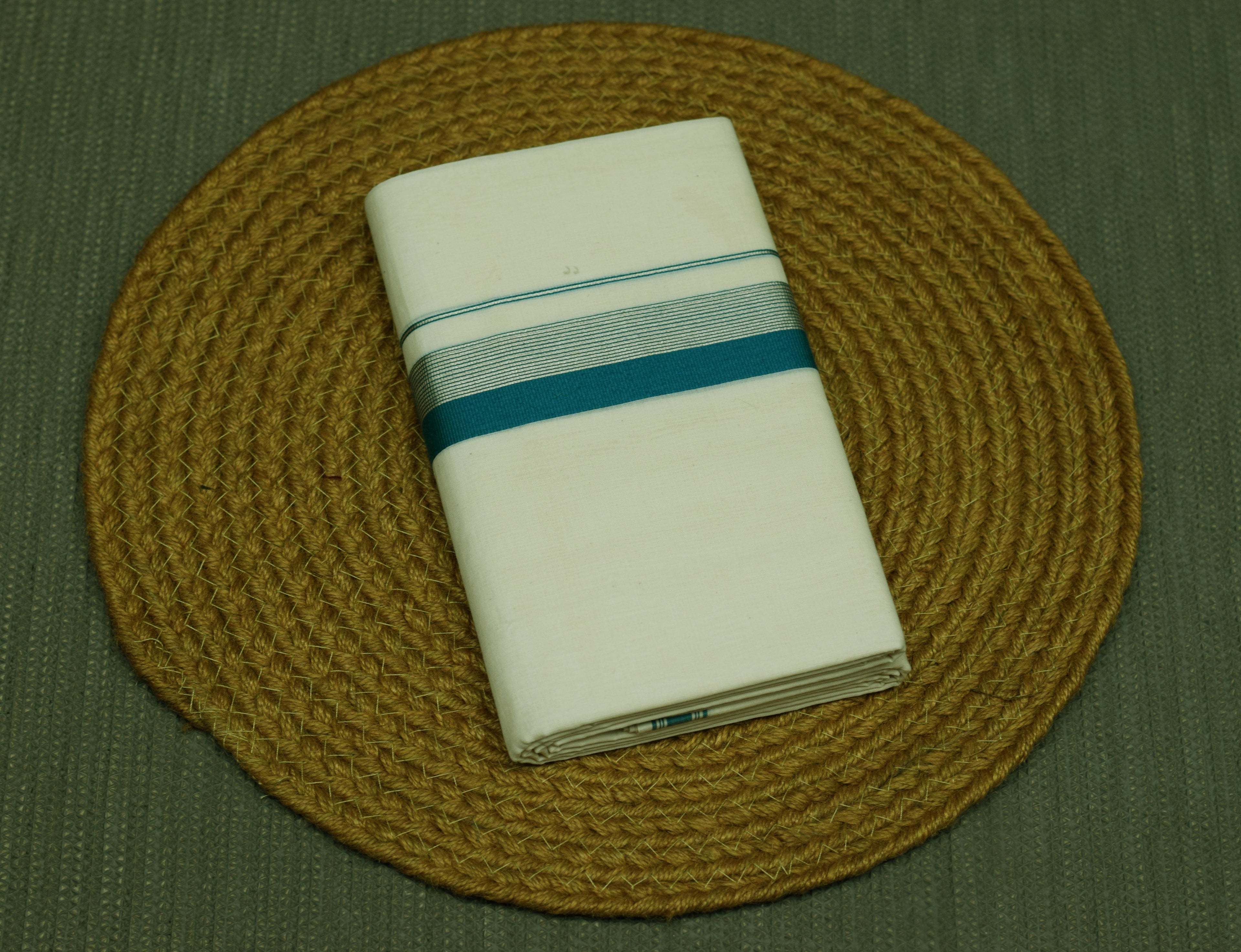 Premium Kodi Color Double Mundu for Men –Off White Cotton Traditional Dhoti with Teal Blue & Silver Kasavu Border | Kerala Ethnic Wear