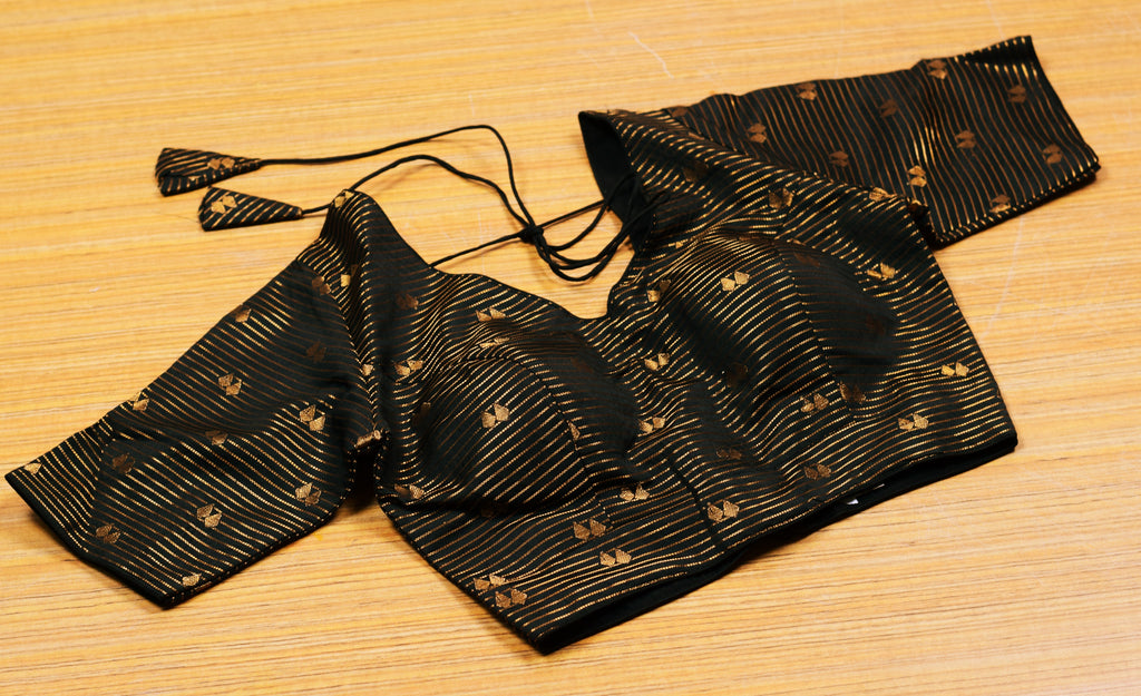 Women's Black Chanderi Silk Front Open Readymade Blouse with Golden Woven Stripes | Padded Saree & Midi Blouse