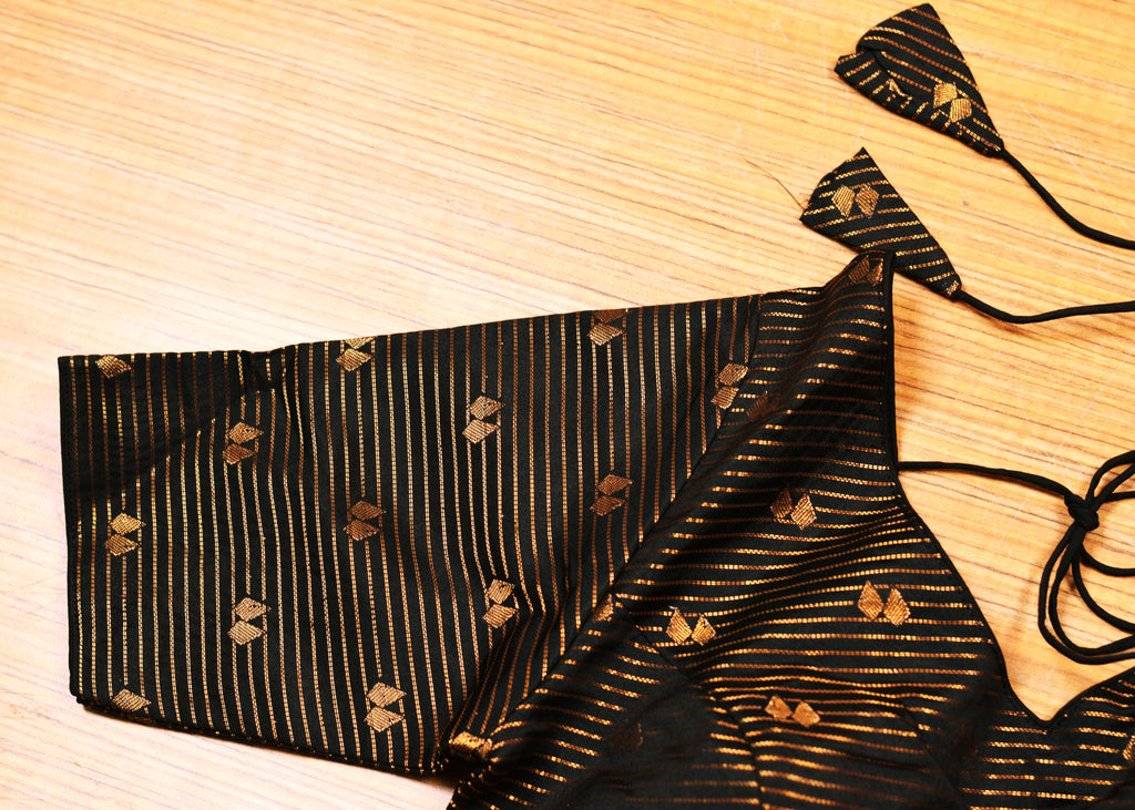 Women's Black Chanderi Silk Front Open Readymade Blouse with Golden Woven Stripes | Padded Saree & Midi Blouse