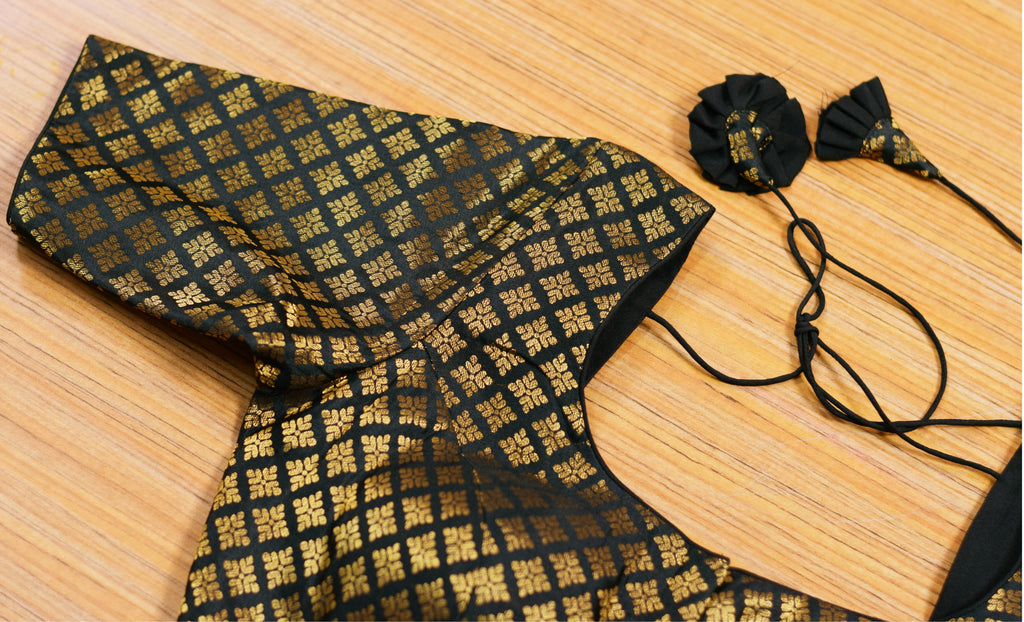 Black & Gold Chanderi Silk Readymade Blouse | Front Open Designer Saree & Midi Blouse | Puff Sleeve | Padded