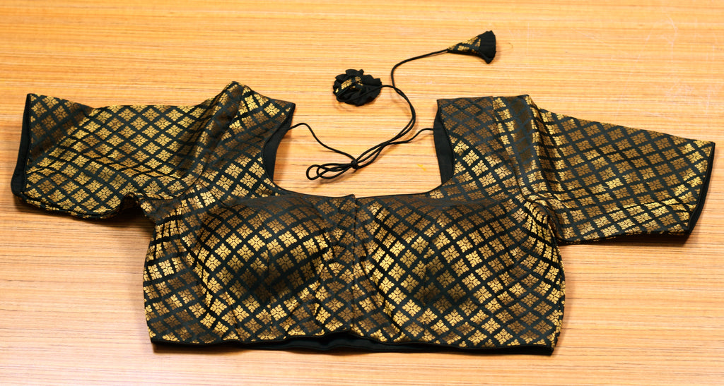 Black & Gold Chanderi Silk Readymade Blouse | Front Open Designer Saree & Midi Blouse | Puff Sleeve | Padded