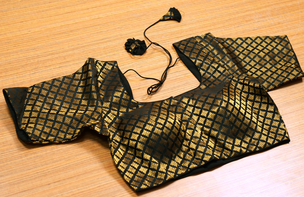 Black & Gold Chanderi Silk Readymade Blouse | Front Open Designer Saree & Midi Blouse | Puff Sleeve | Padded