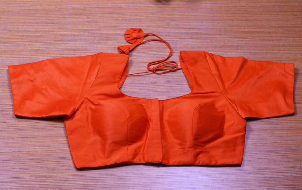 Orange Chanderi Silk Front Open Readymade Blouse | Padded Saree & Midi Blouse | Elbow Sleeve