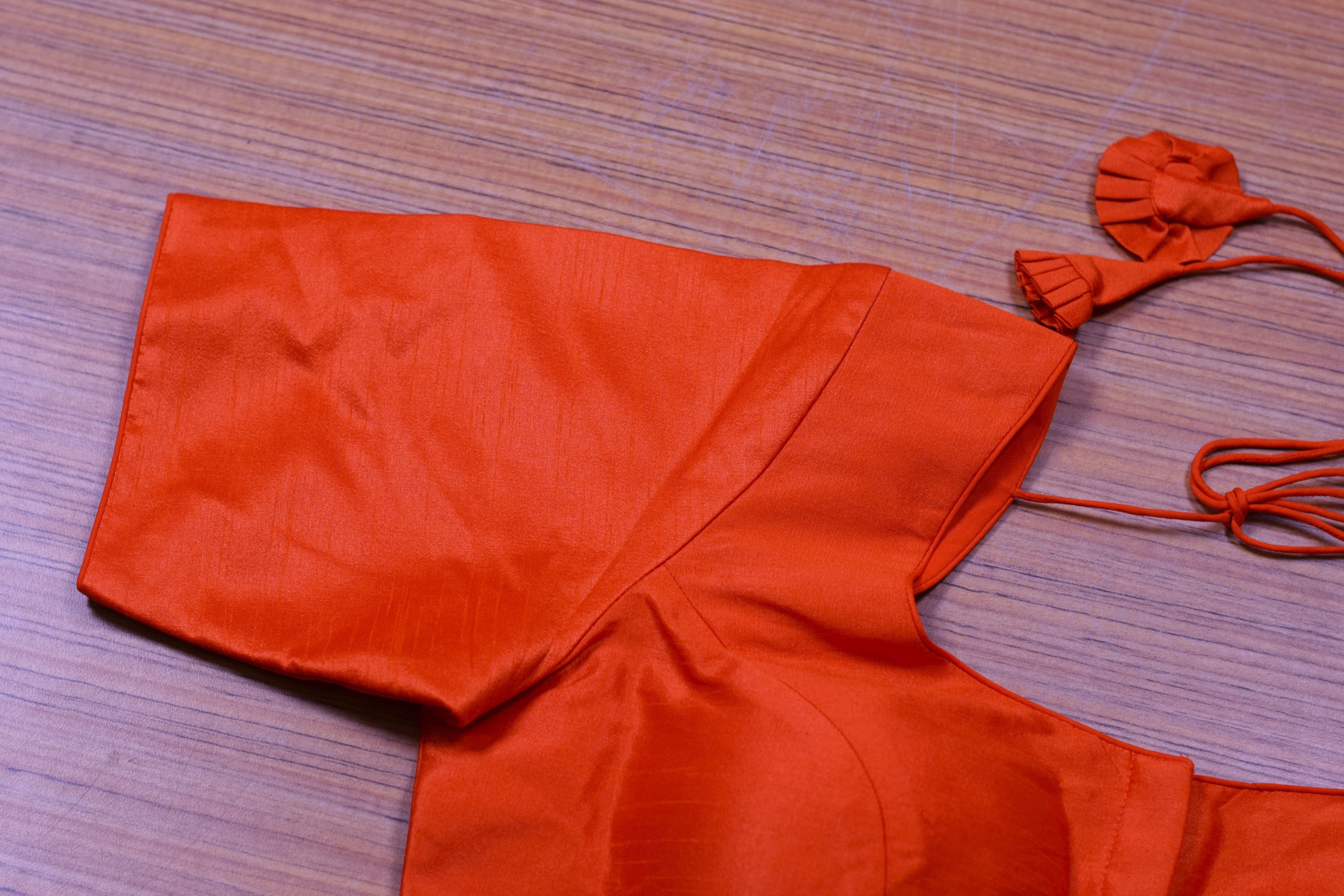 Orange Chanderi Silk Front Open Readymade Blouse | Padded Saree & Midi Blouse | Elbow Sleeve