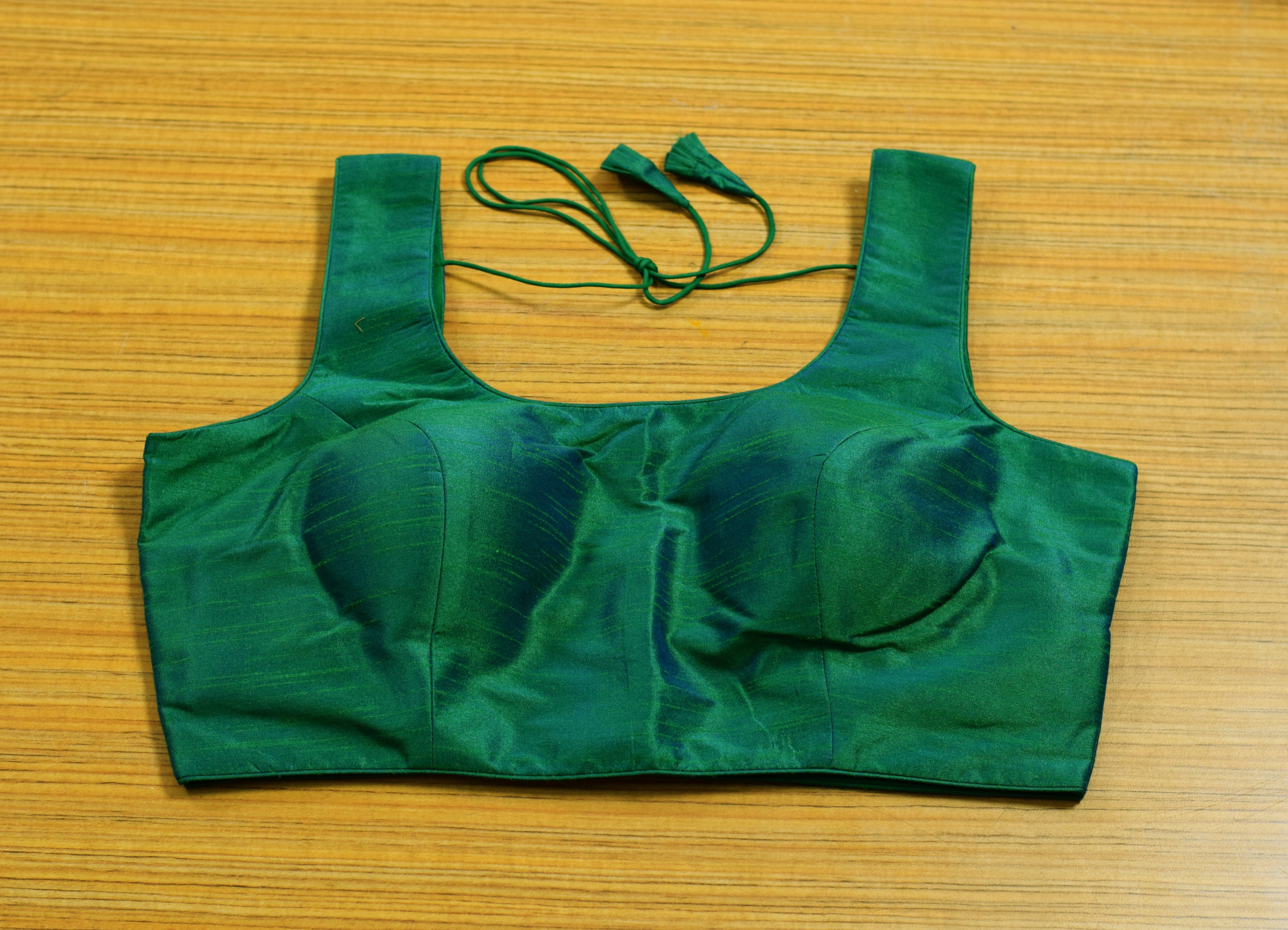 Women's Chanderi Silk Readymade Saree Blouse | Padded back Open Blouse | Boat Neck | Half Sleeves Included | Emerald Green