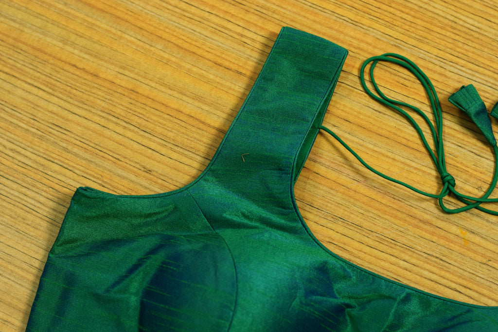 Women's Chanderi Silk Readymade Saree Blouse | Padded back Open Blouse | Boat Neck | Half Sleeves Included | Emerald Green