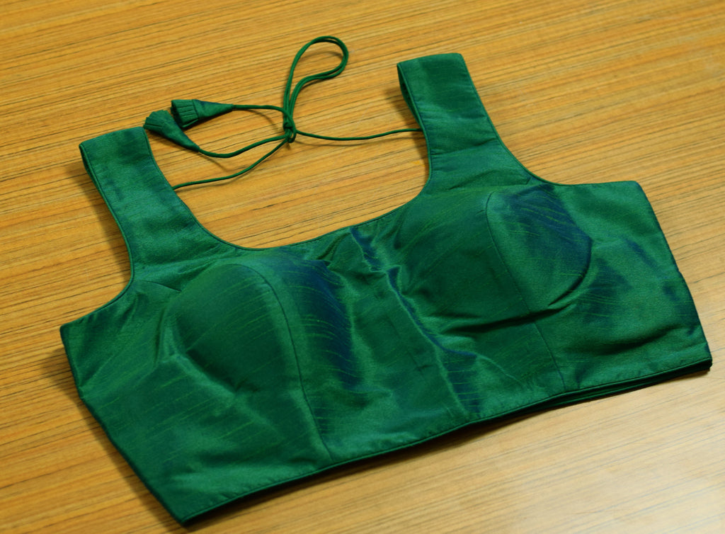 Women's Chanderi Silk Readymade Saree Blouse | Padded back Open Blouse | Boat Neck | Half Sleeves Included | Emerald Green