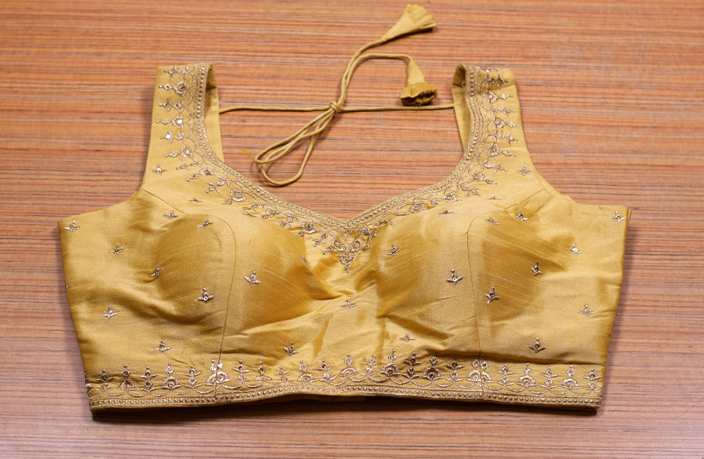 Women's Chanderi Silk Embroidered Saree Blouse | Ready-to-Wear Padded Blouse with Sleeves Inside | Golden Mustard
