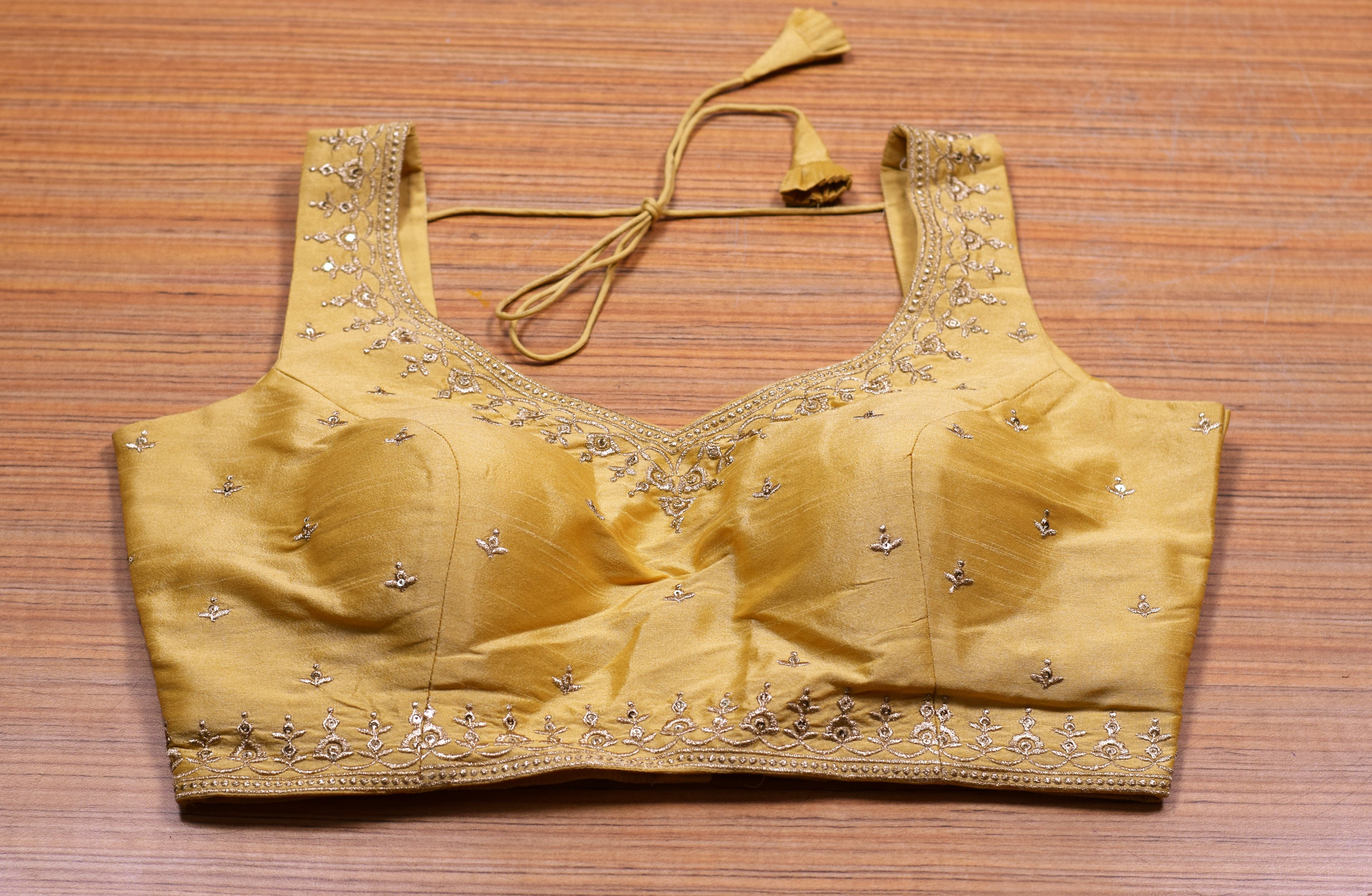 Women's Chanderi Silk Embroidered Saree Blouse | Ready-to-Wear Padded Blouse with Sleeves Inside | Golden Mustard