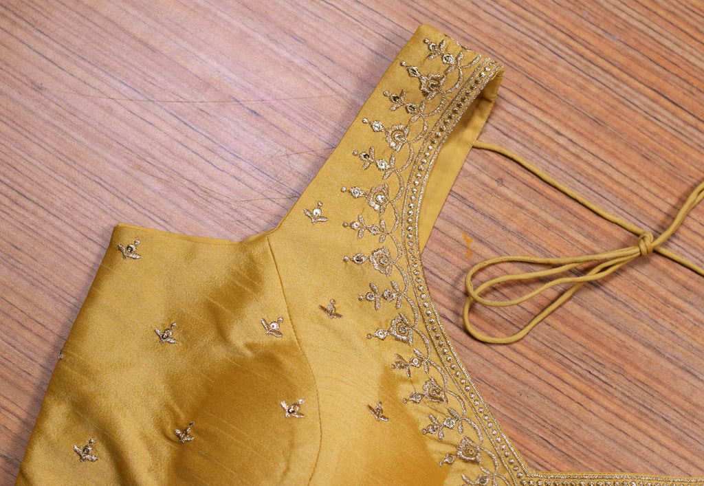 Women's Chanderi Silk Embroidered Saree Blouse | Ready-to-Wear Padded Blouse with Sleeves Inside | Golden Mustard